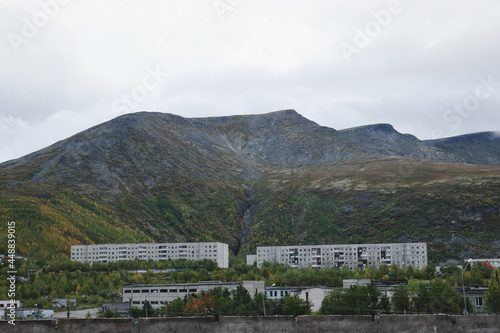 view of Soviet houses in the mountains in autumn