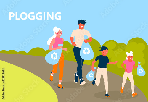 Plogging concept. A family of eco-volunteers clean the polluted environment from garbage. Men and women with kids jogging and collecting garbage. Volunteers at eco activity. Flat vector illustration.