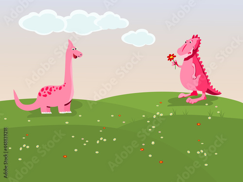 Pink dinosaur giving flowers to a female dinosaur on a meadow with sky in the background.