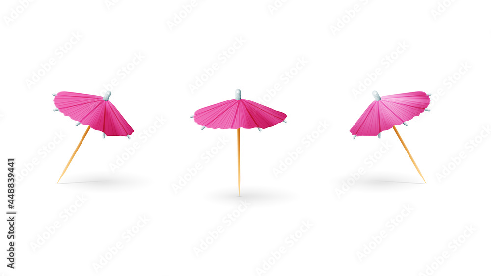 Pink paper 3D cocktail umbrella isolated on white background - obrazy, fototapety, plakaty 