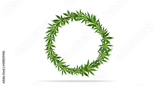 Round frame of green cannabis leaves. Template of frame decorated with cannabis leaves isolated on a white background