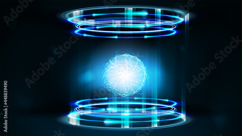 Blue neon digital portal in cylindrical shape with shiny rings and energy ball inside
