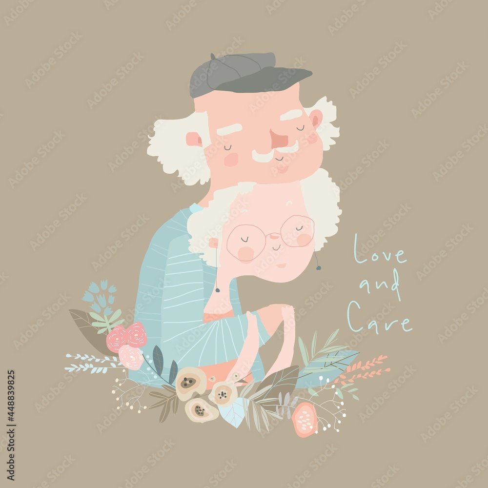 Cute Cartoon Illustration with Grandparents in Love