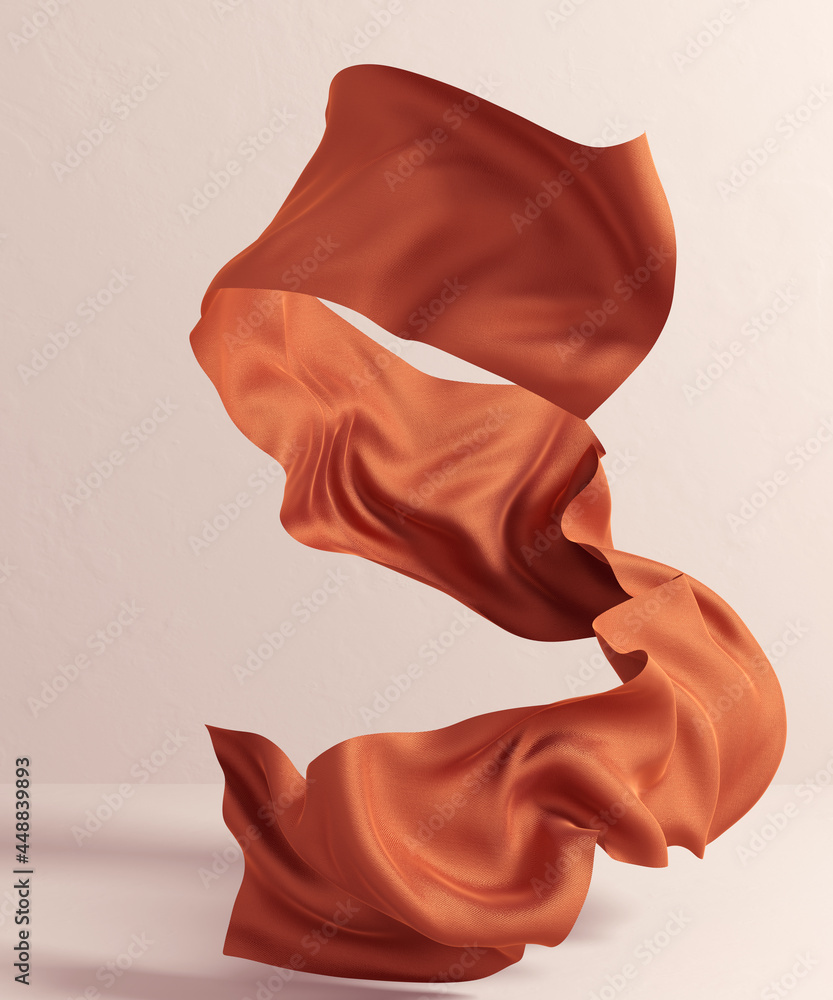 Flying fabric design element in empty room, floating piece of cloth cinnamon color. 3d rendering sienna smooth spiral flowing scarf fashion banner - obrazy, fototapety, plakaty 