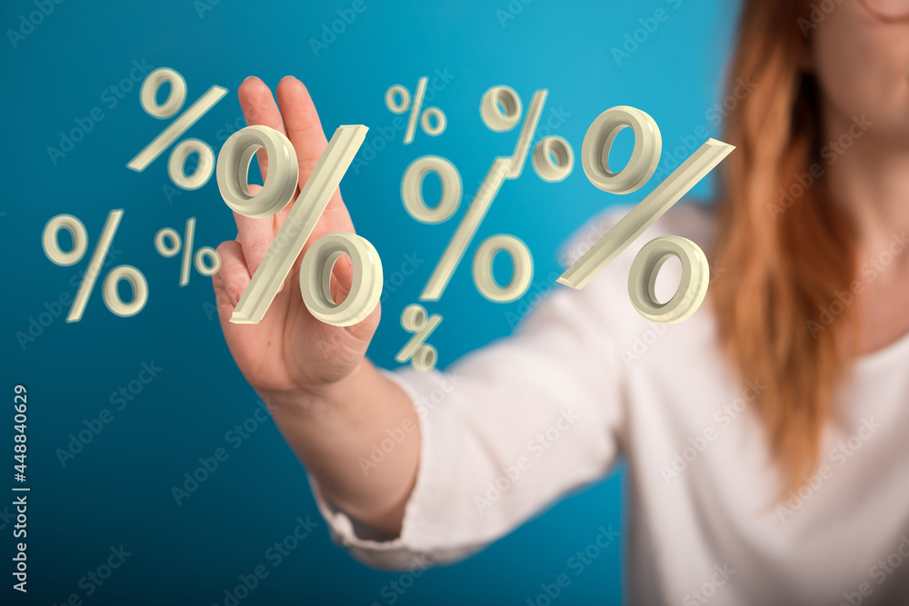Interest rates effect on stock market share prices and global economic inflation and deflation, percent symbol Interest rates effect on stock market share prices and global economic inflation and deflation, percent symbol