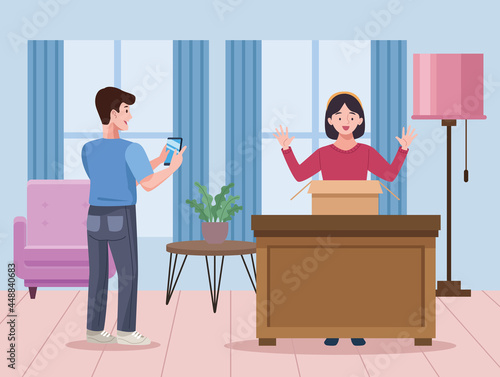 couple unboxing in office