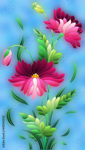 Illustration in stained glass style with pink poppies flowers on a blue sky background, rectangular image