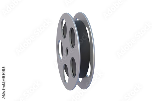 Film reel in metal frame isolated on white background. Cinematography tape. 3d render
