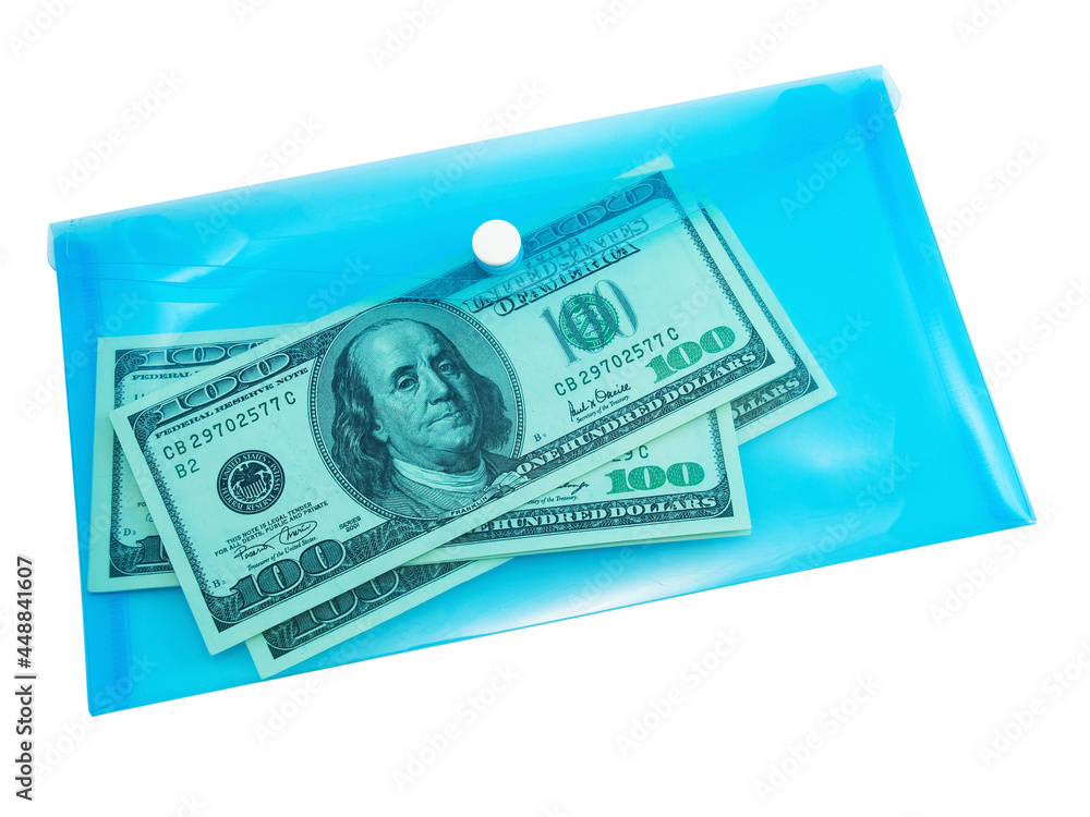 Several one hundred dollar banknotes in sealed blue transparent plastic envelope, isolated on white Several one hundred dollar banknotes in sealed blue transparent plastic envelope, isolated on white