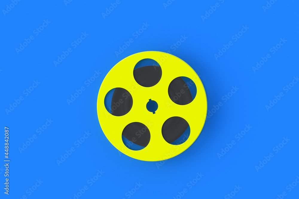 Film reel in metal frame of yellow color on blue background. Cinematography tape. Retro technology. Cinema premiere. Documentary shooting. Top view. 3d render