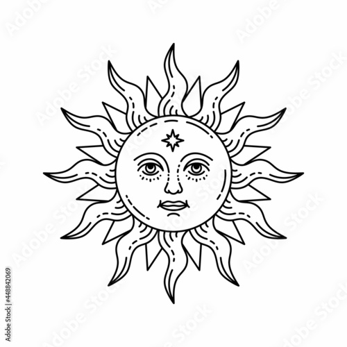 Celestial illustration of sun with face and opened eyes, stylized drawing, tarot card. Mystical element for design, logo, tattoo. Vector illustration isolated on white background. Bohemian illustratio © Valentina
