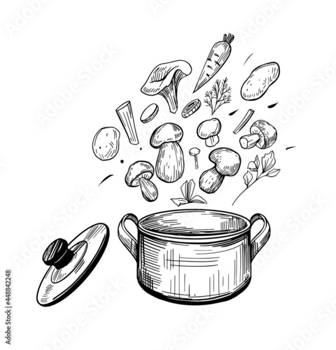 Mushrooms fall into the pot. Soup cooking. Vector sketch illustration