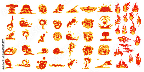 A set of cartoon explosions isolated on a white background. The effect of fire, explosion, bomb, clouds. Animation of an explosion, flame. A set of fire and explosion icons.