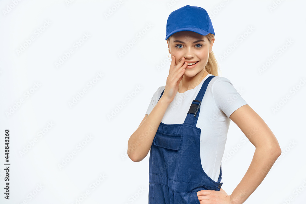 woman in construction uniform blue service professional cap