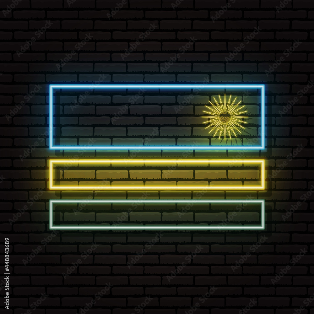Neon sign in the form of the flag of Rwanda. Against the background of a brick wall with a shadow. For the design of tourist or patriotic themes. The African continent Neon sign in the form of the flag of Rwanda. Against the background of a brick wall with a shadow. For the design of tourist or patriotic themes. The African continent