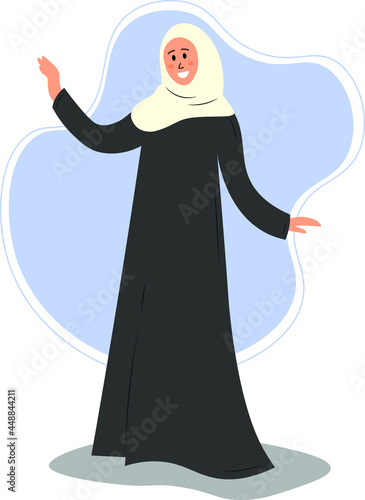 Arabic young woman in hijab, Muslim girl in fashion traditional black dress abaya from UAE or Saudi Arabia posing, islamic model vector illustration
