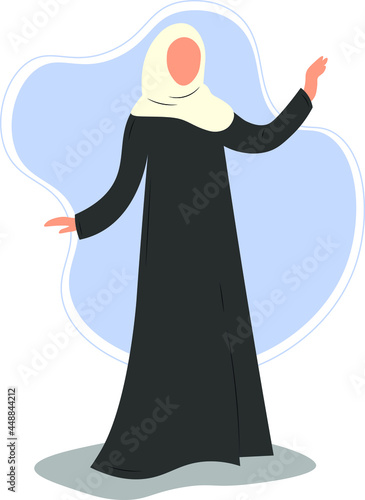 Arabic young woman in hijab, Muslim girl in fashion traditional black dress abaya from UAE or Saudi Arabia posing, facaless islamic model vector illustration