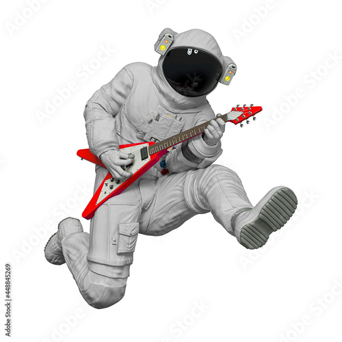 astronaut is jumping and playing guitar