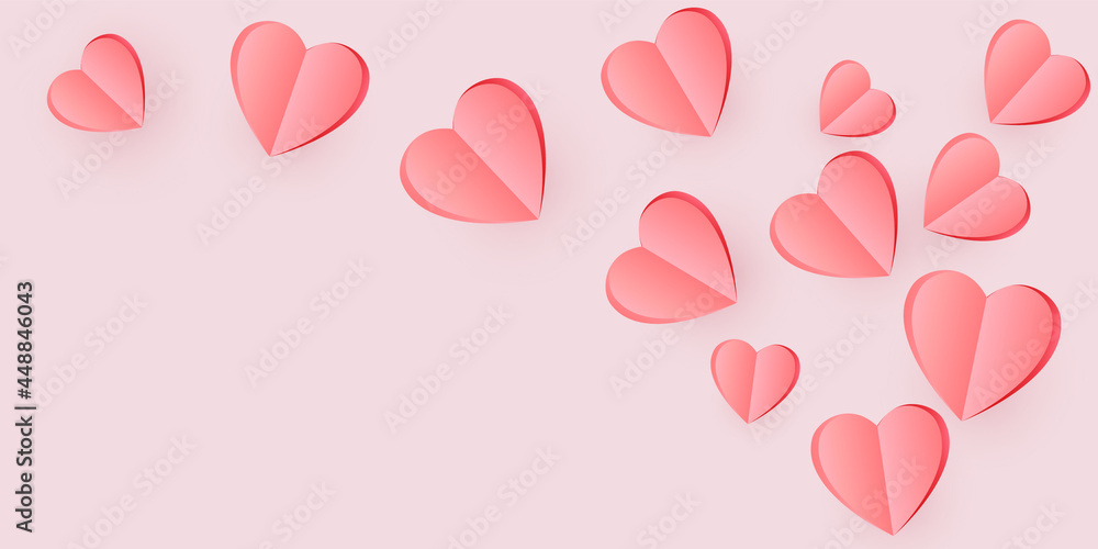 Flying paper hearts decoration isolated on soft pink background. Love symbol. Greeting card for Woman, Mother, Valentines Day. Vector illustration.