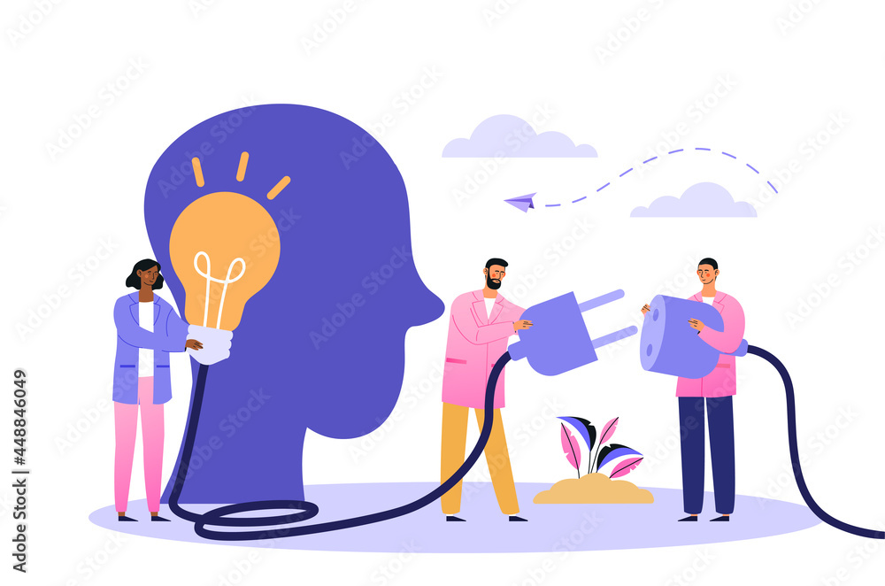Business and teamwork concept. Network connection, brainstorming, light bulb lights up as creative idea. Metaphor for working together to achieve results. Flat vector illustration on white background Business and teamwork concept. Network connection, brainstorming, light bulb lights up as creative idea. Metaphor for working together to achieve results. Flat vector illustration on white background