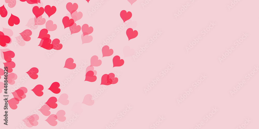 Flying hearts isolated on soft pink background. Love symbol. Greeting card for Woman, Mother, Valentines Day. Vector.