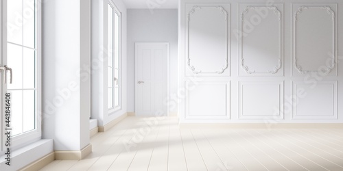 Empty room interior classic design in white tone and floor wood color creme.3d rendering