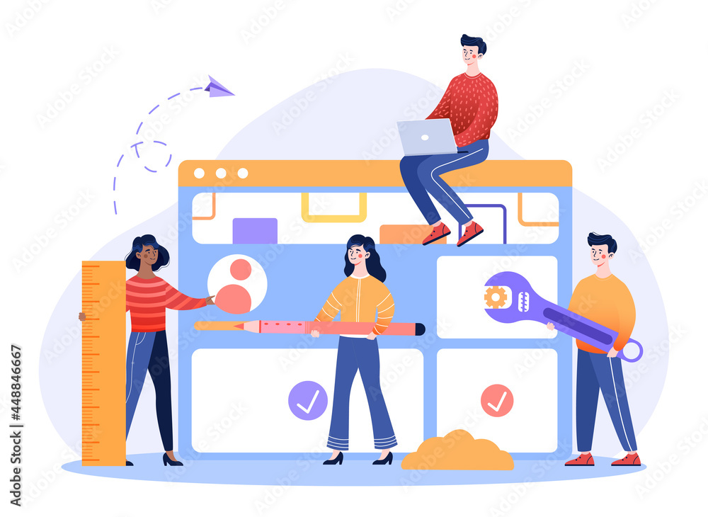 Design and Development concept. Characters create website page template. Software and user interface. Adding images and text. Cartoon modern flat vector illustration isolated on a white background Design and Development concept. Characters create website page template. Software and user interface. Adding images and text. Cartoon modern flat vector illustration isolated on a white background