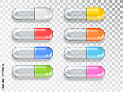 Capsule pill set isolated on transparent background. Vector realistic different color medical pill icon set. Medical and Healthcare Concept. Top View.