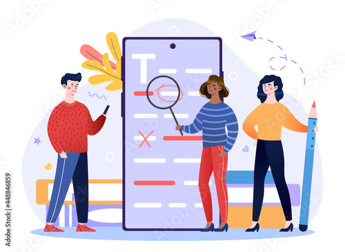 English Grammar Examination concept. Small characters correct errors in text document on the phone. The teacher checks the electronic examination papers of students. Cartoon flat vector illustration