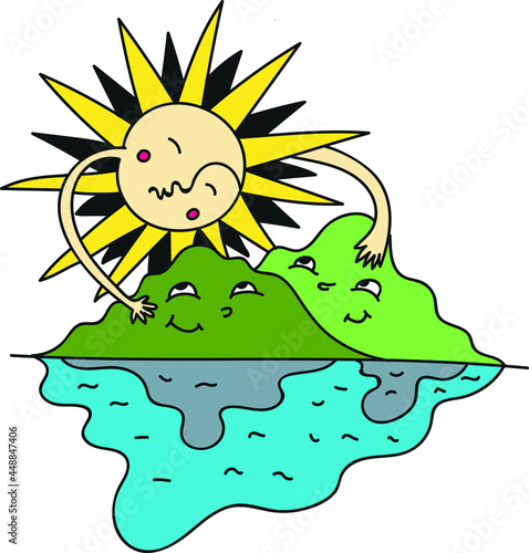 The sun hugs the mountains near the sea greens trees nature summer cute children's cartoon drawing bright vector emotions