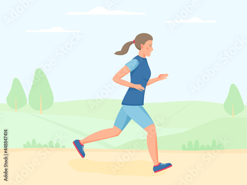 Woman running outdoor in summer, jogging in park. Doing exercise and cardio workout outside. Flat vector 