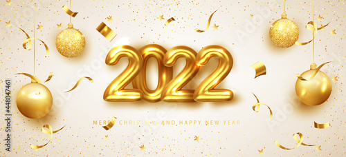 New year banner with decoration. 2022 gold numbers with golden balloons and shimmering confetti. For Christmas and winter holiday party flyers. Vector illustration
