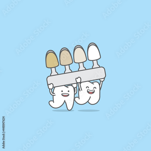 Dental cartoon of friendly white teeth holding on a shade guide teeth color with tooth friend. illustration cartoon character vector design on blue background. Dental care concept.