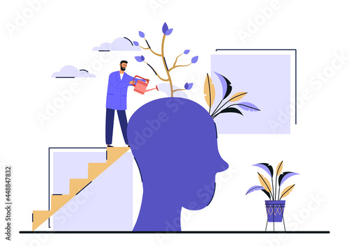 Personal growth concept. Tiny man watering that growing plant from the brain. Metaphor for self-development and brain training. Cartoon modern flat vector illustration isolated on white background