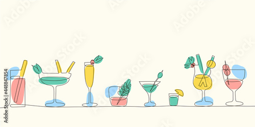 Cocktails set in trendy one continuous line style. Party, pub, restoraunt or club element. fresh and cold alcohol coctail. Vector linear abstract illustration