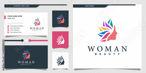 Beauty woman hairstyle logo design with unique colour style Premium Vector