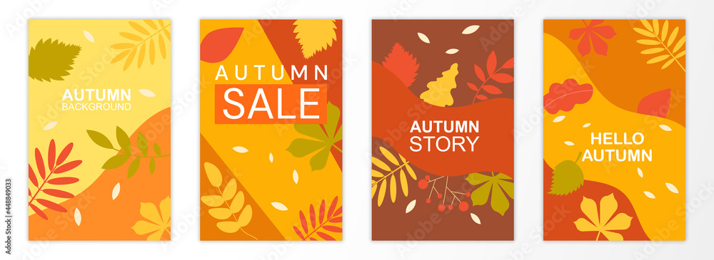 Set of abstract autumn backgrounds. Multicolored banners with yellow and purple leaves and inscriptions. Discounts, stories, greeting. Templates for social networks, posters and shop window decoration