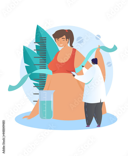 Breast augmentation concept. Correction of your own body with help of plastic surgery and implants. Examination by specialist. Cartoon modern flat vector illustration isolated on white background