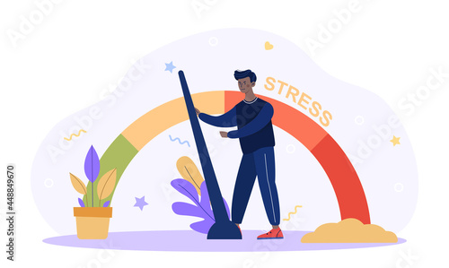 Stress level concept. Man solves problems and reduces psychological pressure. Character tired because of the emotional and work load. Cartoon flat vector illustration isolated on a white background