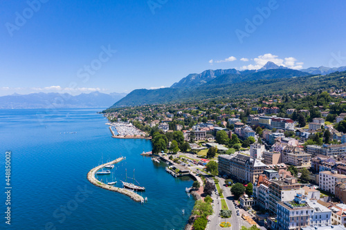 Aerial view of Evian (Evian-Les-Bains) city in Haute-Savoie in France