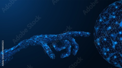 The robot's bionic arm reaches for the sphere. Connecting to an access point. Polygonal construction of lines and points. Blue background.