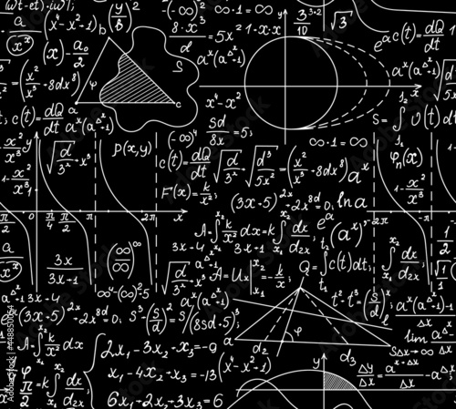 Mathematical vector seamless pattern with handwritten formulas, calculations, equations, chalk on grey board text effect	
