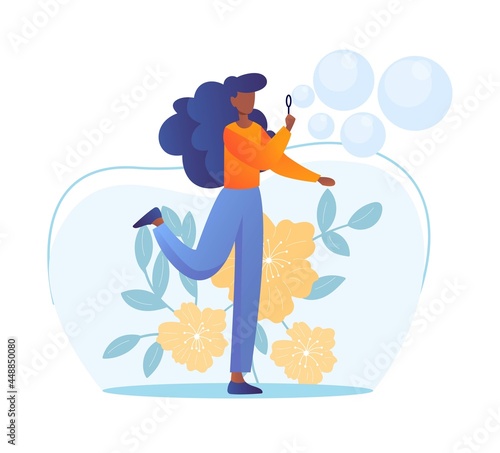 Blowing soap bubbles concept. Woman blows bubbles out of soap solution. Fun activity and relaxation. Design element for websites. Cartoon flat vector illustration isolated on white background
