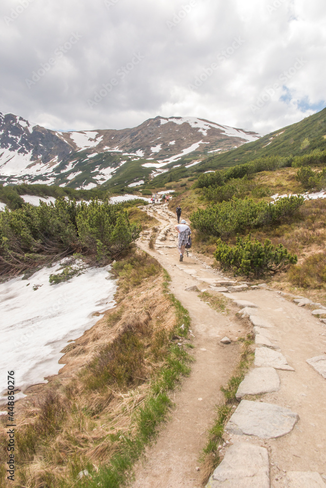 Mountain hiking along the Tatra trails in early summer in sunny weather. Western and High Tatras Mountain hiking along the Tatra trails in early summer in sunny weather. Western and High Tatras