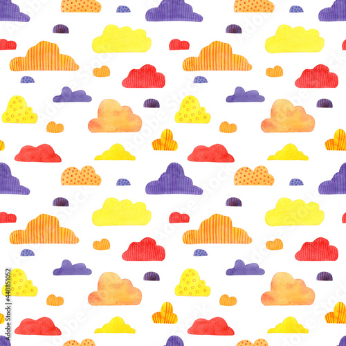 Cute seamless pattern with colorful clouds. Watercolor, hand drawn. Red, blue, yellow, colors, isolated on white background. Good for kids and baby fabric, textile, wrapping paper, wallpaper, prints