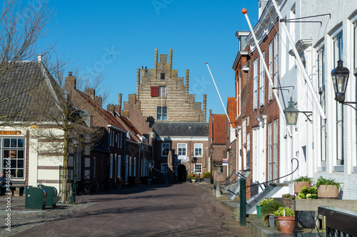 City view on old medieval houses in small historical town Veere in Netherlands, province Zeeland © barmalini