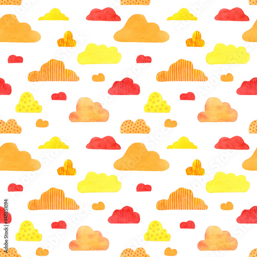 Cute colorful seamless pattern with clouds. Watercolor, hand drawn. Red, orange, yellow colors, isolated on white background. Good for kids and baby fabric, textile, wrapping paper, wallpaper, prints