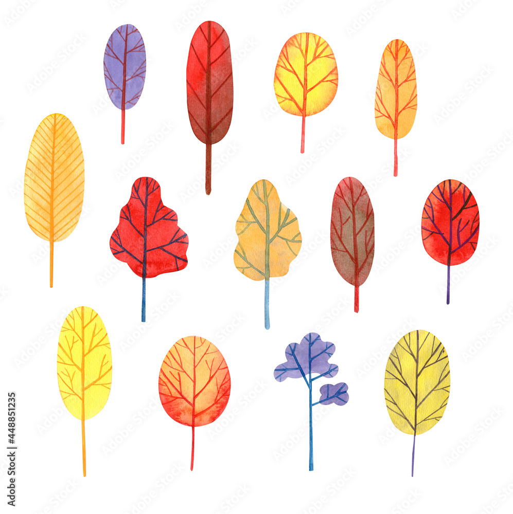 Set with watercolor trees, isolated on white. Orange, blue, violet, red and yellow bright colors, hand draw. Design for backgrounds, wallpapers, prints, covers and packaging