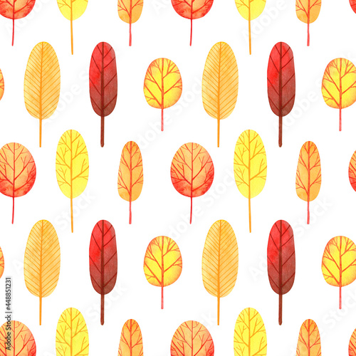 Cute colorful seamless pattern Autumn park. Watercolor, hand drawn. Red, orange, yellow colors, isolated on white background. Good for kids fabric, textile, wrapping paper, wallpaper, prints