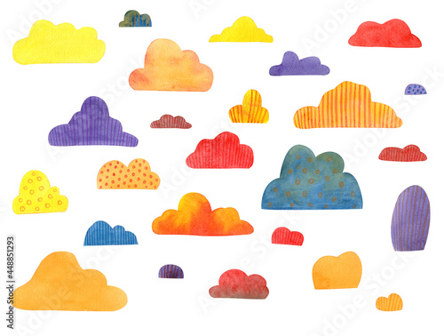 Set with watercolor clouds, isolated on white. Orange, blue, violet, red and yellow bright colors, hand draw. Design for backgrounds, wallpapers, prints, covers and packaging